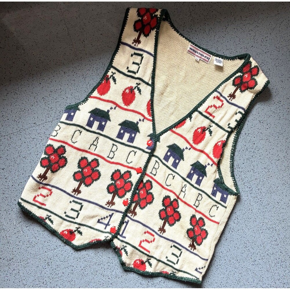 VTG 90s School Teacher Westbound Knit Vest Apple Button Embroidered Alphabet M
